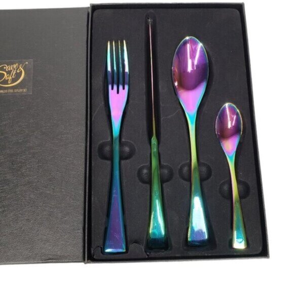 Iridescent Cutlery Four Piece Set in Box New Stainless Steel Rainbow - Picture 2 of 13